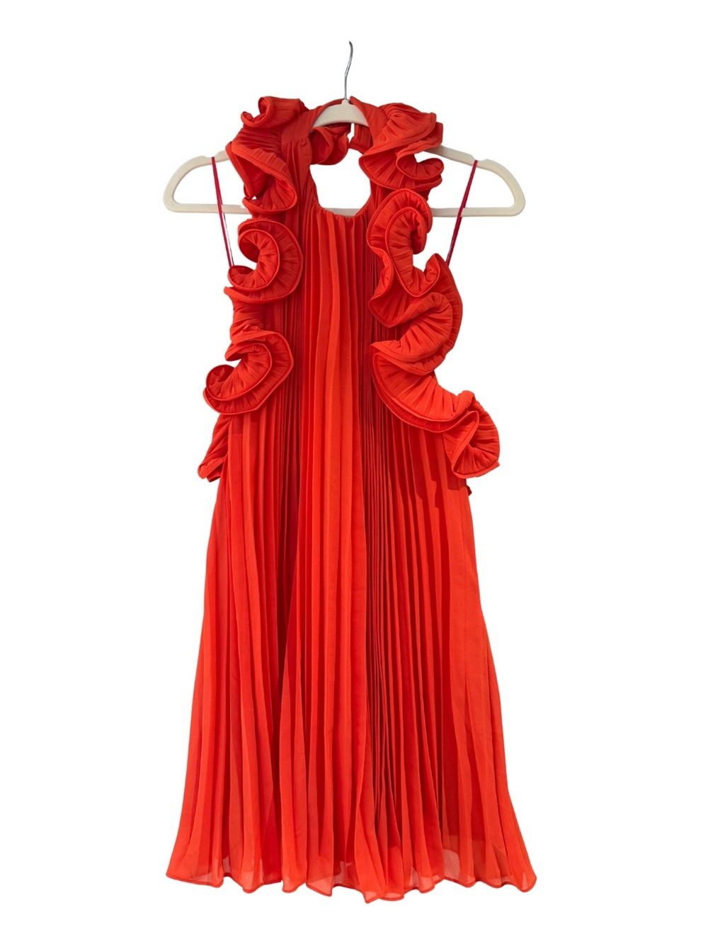 AMUR Vibrant Red Ruffle Pleated Backless Halter Dress - size 0